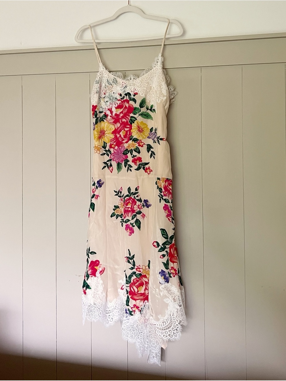 Anthropologie Cream Floral Lace-Trim Midi Slip Dress